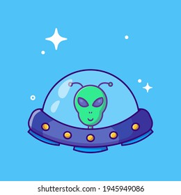 Ufo with Alien Invasion Vector Cartoon Illustration. Astronomy Icon Concept White Isolated. Flat Cartoon Style Suitable for Web Landing Page, Banner, Sticker, and Background