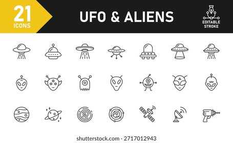 Conjunto de iconos de línea OVNI y alienígena. Conjunto de 21 iconos de contorno relacionados con OVNI, alienígena, espacio, naves espaciales, satélites, galaxias, cometas, astronomía, ciencia y otros. Trazo editable. Ilustración vectorial.