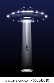 UFO and alien on night background vector illustration.