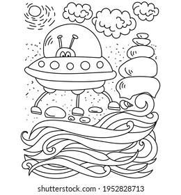 UFO with an alien on the seashore, coloring page with an aircraft on the seashore vector illustration