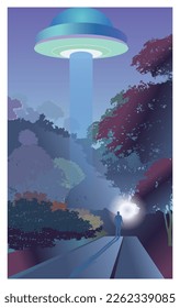 UFO, alien saucer hovering over a foggy road at night. With the silhouette of a figure facing the light. unidentified flying object, alien invasion, extraterrestrial life, space travel