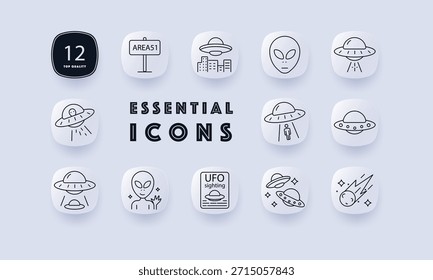 UFO and alien set icon. Flying saucers, abductions, extraterrestrial faces, Area 51, meteor, news article, space elements in minimal line style with soft rounded shapes.
