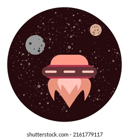 Ufo alien ship icon in space among planets and stars. Flying saucer flies home through the milky way. UFO day. Flat vector illustration isolated on white background.