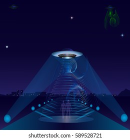 UFO alien ship night city road spotlights star space