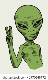 UFO alien smiling with a two finger peace gesture isolated space character vector illustration