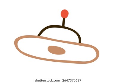 UFO, alien space ship. Flying saucer, extraterrestrial object, aircraft in cute doodle style. Cosmos travel vehicle. Hand-drawn starship. Flat vector illustration isolated on white background