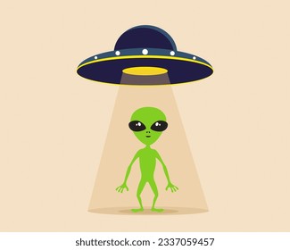 UFo Alien and Space ship UFO ray of light flat vector design.