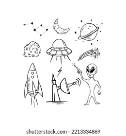 Ufo and alien space ship vector illustration with doodle black design