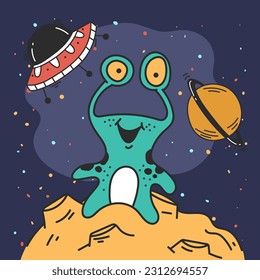 Ufo alien space spaceship sticker concept. Vector graphic design illustration