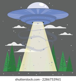 UFO. Alien spacecraft with light beam and fog. UFO Illustration. UFO, an alien saucer hovering above the field in the clouds, hovering motionless in the sky. Unidentified flying object, alien invasion