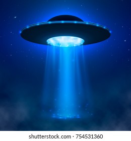 UFO. Alien spacecraft with light beam and fog. Vector Illustration  on a dark sky with stars