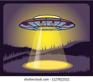 Nave espacial alienígena de OVNI con ilustración del vector de paisaje de fondo 