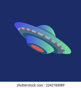 UFO or alien spaceship cartoon illustration. Cartoon drawing of space object on blue background. Science, universe, astronomy, outer space concept