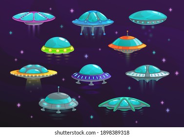 UFO and alien spaceship cartoon set of vector spacecraft. Space ships, rockets, unidentified flying objects and flying saucers in shape of disk with glass domes, light and stars, game animation design