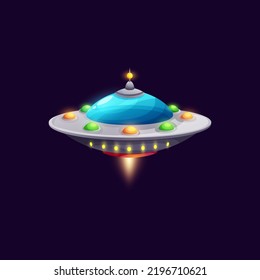 Ufo alien spaceship extraterrestrial sci fi station saucer shaped spacecraft isolated. Vector flying fantasy aircraft cartoon futuristic spaceship. Comic ui game object, plane invader from galaxy