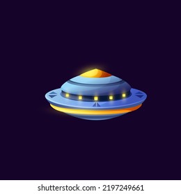 Ufo alien spaceship extraterrestrial sci fi station saucer shaped spacecraft isolated. Vector flying fantasy aircraft cartoon futuristic spaceship. Comic ui game object, plane invader from galaxy