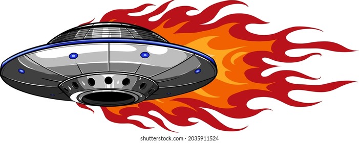 UFO - alien spaceship with flames. Vector illustration design