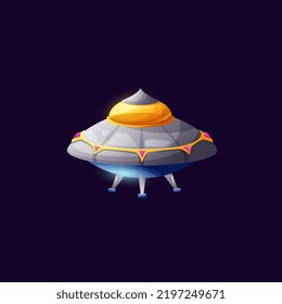 Ufo alien spaceship flying fantasy aircraft isolated cartoon icon. Vector extraterrestrial sci fi station saucer shaped spacecraft futuristic spaceship. Comic ui game object, plane invader from galaxy