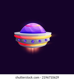 Ufo alien spaceship flying futuristic spaceship. Vector fantasy aircraft cartoon extraterrestrial sci fi station saucer shaped spacecraft. Comic ui game plane invader from galaxy, glowing aircraft