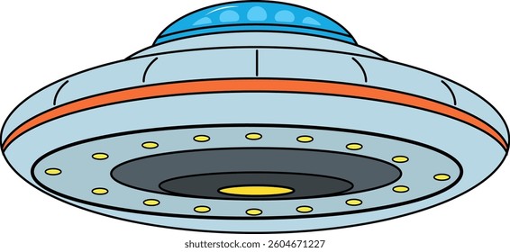 UFO Alien spaceship illustration. Vector illustration for Kids. Hand drawn Cartoon. Alien space ship. Futuristic unknown flying object. Isolated vector