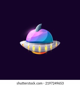 UFO alien spaceship rocket isolated cartoon icon. Vector unidentified flying object, saucer in shape of disk with glass dome game animation design. Spacecraft saucer futuristic station, satellite