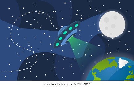 UFO, alien spaceship in space attack Earth. Each element easy to use. Apocalypse concept .Vector illustration in cartoon style