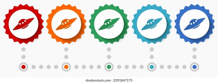 Ufo, alien spaceship vector icon set, colorful infographic template, set of flat design badge icons in 5 color options