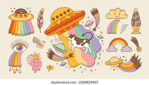 UFO alien trippy set with cow animal. Space psychedelic retro ship with rainbow, cow. Hippy groovy 70s vector. Cute style abstract sticker. Doodle UFO alien spaceship. Cartoon rocket illustration bg