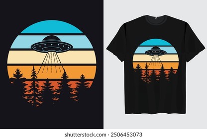 UFO Alien T-shirt Design sunset background Funny Retro Vintage sunset vector Graphic alien t-shirts vintage