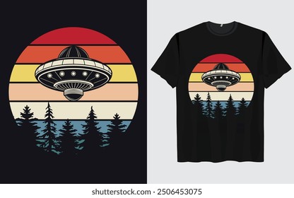 UFO Alien T-shirt Design sunset background Funny Retro Vintage sunset vector Graphic alien t-shirts vintage