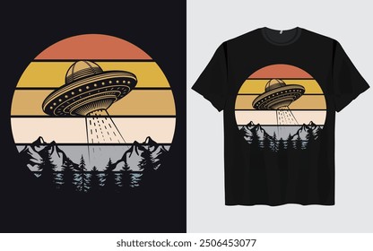 UFO Alien T-shirt Design sunset background Funny Retro Vintage sunset vector Graphic alien t-shirts vintage