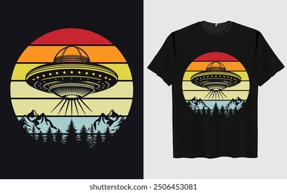 UFO Alien T-shirt Design sunset background Funny Retro Vintage sunset vector Graphic alien t-shirts vintage