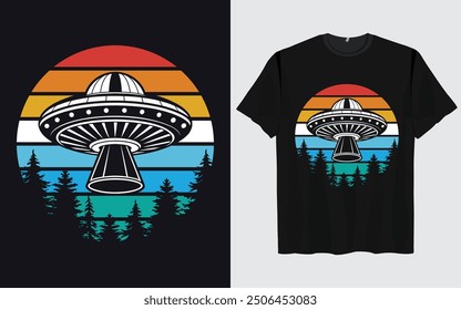 UFO Alien T-shirt Design sunset background Funny Retro Vintage sunset vector Graphic alien t-shirts vintage