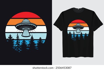 UFO Alien T-shirt Design sunset background Funny Retro Vintage sunset vector Graphic alien t-shirts vintage