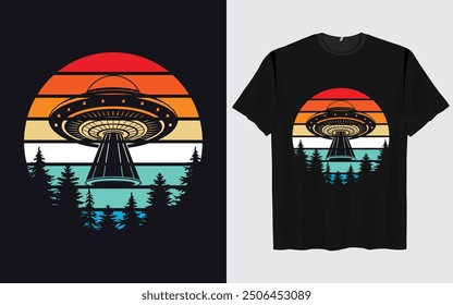 UFO Alien T-shirt Design sunset background Funny Retro Vintage sunset vector Graphic alien t-shirts vintage