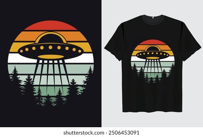 UFO Alien T-shirt Design sunset background Funny Retro Vintage sunset vector Graphic alien t-shirts vintage