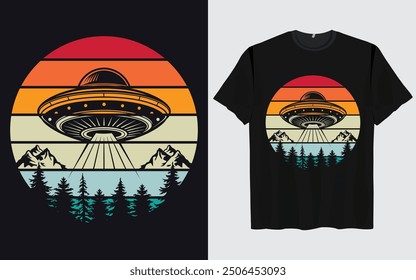 UFO Alien T-shirt Design sunset background Funny Retro Vintage sunset vector Graphic alien t-shirts vintage