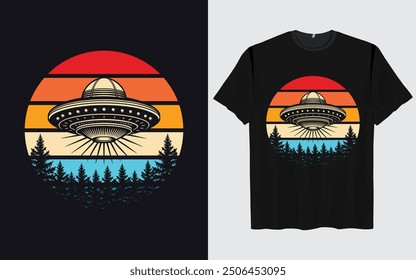 UFO Alien T-shirt Design sunset background Funny Retro Vintage sunset vector Graphic alien t-shirts vintage