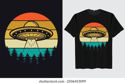 UFO Alien T-shirt Design sunset background Funny Retro Vintage sunset vector Graphic alien t-shirts vintage