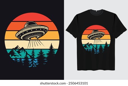 UFO Alien T-shirt Design sunset background Funny Retro Vintage sunset vector Graphic alien t-shirts vintage