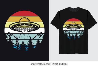 UFO Alien T-shirt Design sunset background Funny Retro Vintage sunset vector Graphic alien t-shirts vintage