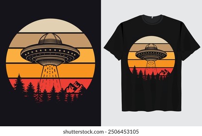 UFO Alien T-shirt Design sunset background Funny Retro Vintage sunset vector Graphic alien t-shirts vintage