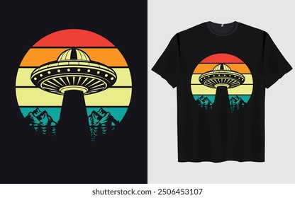 UFO Alien T-Shirt Design Sonnenuntergang Hintergrund Lustig Retro Vintage Sonnenuntergang Vektor Grafik Alien T-Shirts Vintage