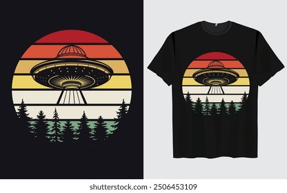 UFO Alien T-shirt Design sunset background Funny Retro Vintage sunset vector Graphic alien t-shirts vintage