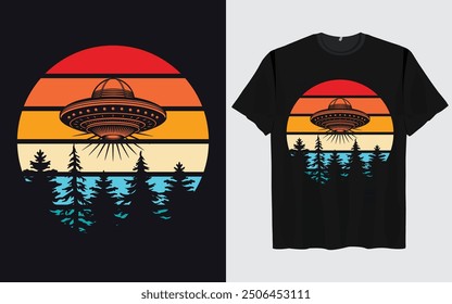 UFO Alien T-shirt Design sunset background Funny Retro Vintage sunset vector Graphic alien t-shirts vintage