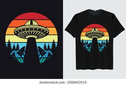 UFO Alien T-shirt Design sunset background Funny Retro Vintage sunset vector Graphic alien t-shirts vintage