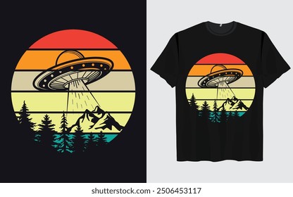 UFO Alien T-shirt Design sunset background Funny Retro Vintage sunset vector Graphic alien t-shirts vintage