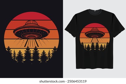 UFO Alien T-shirt Design sunset background Funny Retro Vintage sunset vector Graphic alien t-shirts vintage