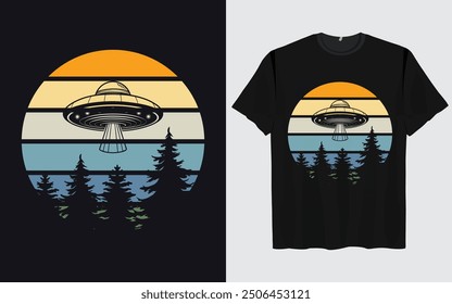 UFO Alien T-shirt Design sunset background Funny Retro Vintage sunset vector Graphic alien t-shirts vintage