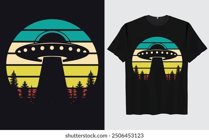 UFO Alien T-shirt Design sunset background Funny Retro Vintage sunset vector Graphic alien t-shirts vintage